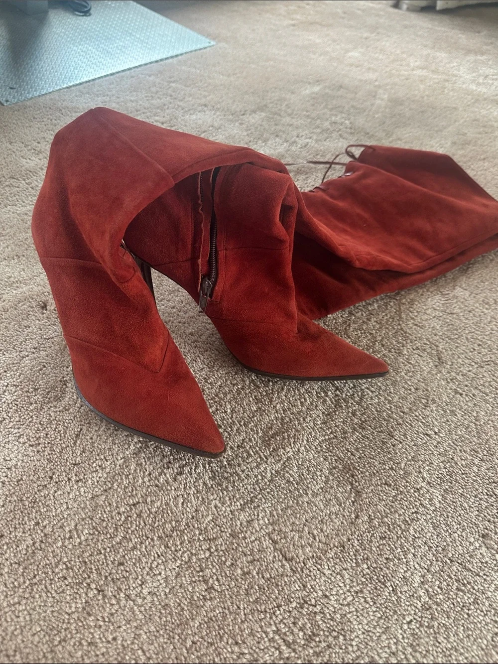 Women's Red Suede Over-the-Knee Pointed-Toe Stiletto Boots with part back laces